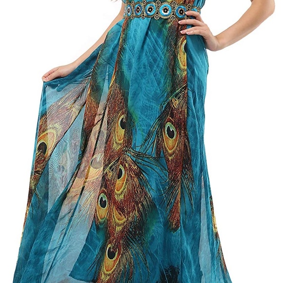 Flowy PEACOCK PRINT Chiffon Maxi Dress - Picture 5 of 5